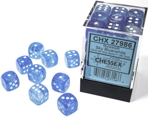 D6 Dice Borealis 12mm Sky Blue/White (36 Dice in Display) CHX27986