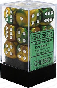D6 Dice Gemini 16mm Gold-Green/White CHX26625