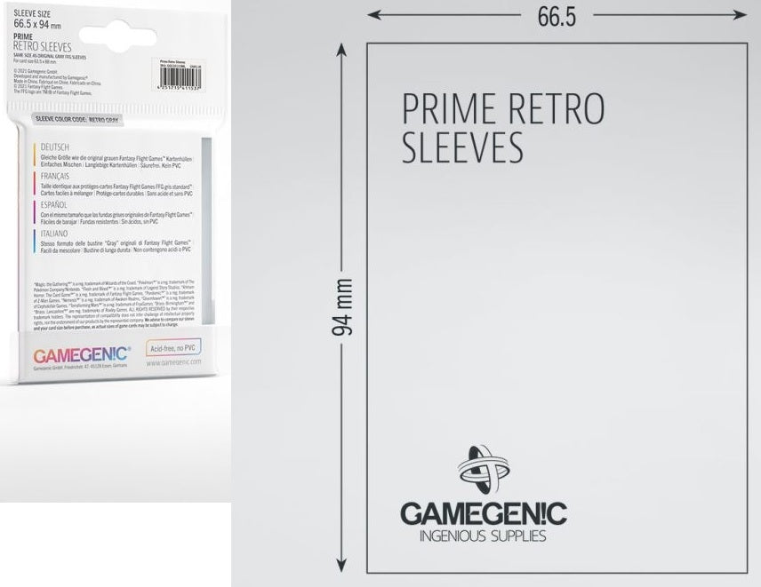 Gamegenic Prime Retro Sleeves - Size Code RETRO GREY - (66.5mm x 94mm) (50 Sleeves Per Pack)