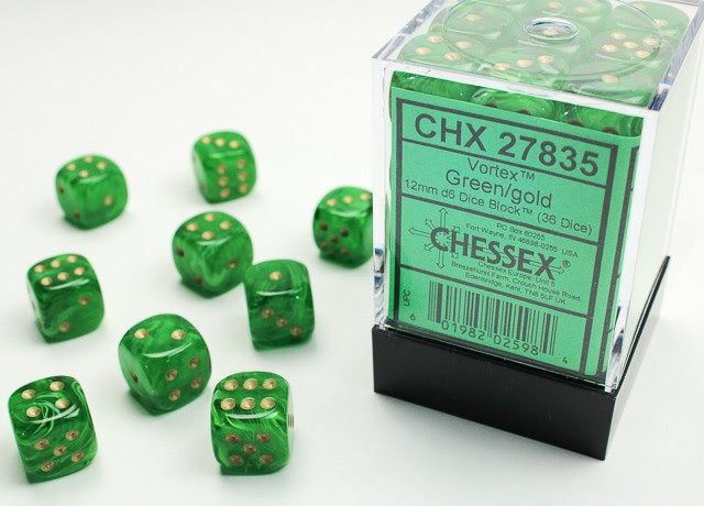 D6 Vortex 12mm d6 Green/gold Dice Block (36 dice)