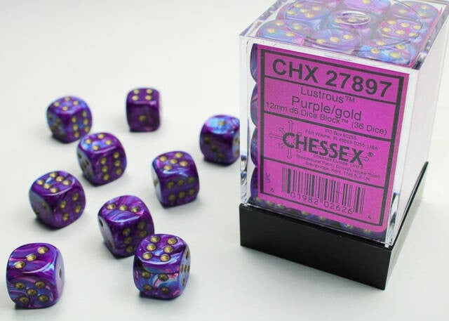 D6 Dice Lustrous 12mm Purple/Gold (36 Dice)