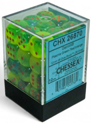 Chessex Gemini 12mm D6 Plasma Green-Teal/Orange Luminary Dice (36 Dice)