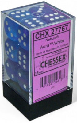 Chessex Nebula 16mm D6 Aura / White Luminary Dice (12 Dice)