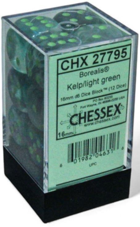 Chessex Borealis Kelp/light green Luminary 16mm d6 Dice (12 dice)