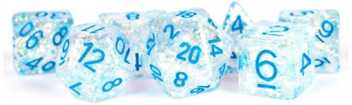 MDG Resin Flash Dice Set 16mm Polyhedral Clear with Light Blue Numbers