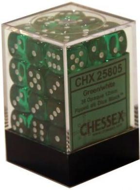 Dice Translucent 12mm D6 Green with White (36) CHX23805