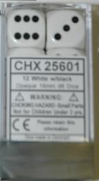 Dice Opaque 16mm D6 White/Black (12) CHX25601