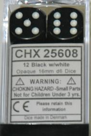 Dice Opaque 16mm D6 Black/White (12) CHX25608