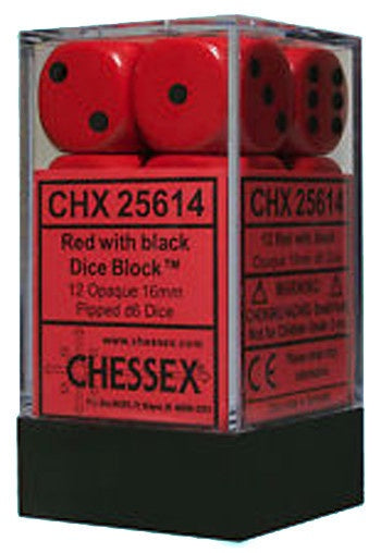 D6 Dice Opaque 16mm Red/Black 12 Dice Set CHX25614