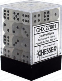 D6 Dice Frosted 12mm Clear/Black (36 Dice in Display) CHX27801