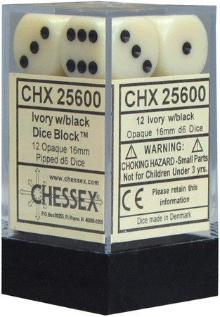 D6 Dice Opaque 16mm Ivory/Black 12 Dice CHX25600