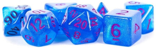 MDG Polyhedral Acrylic Dice Set 16mm with Purple Numbers Stardust Blue