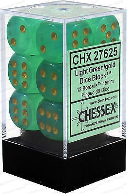 D6 Dice Borealis 16mm Light Green/Gold (12 Dice in Display) CHX27775