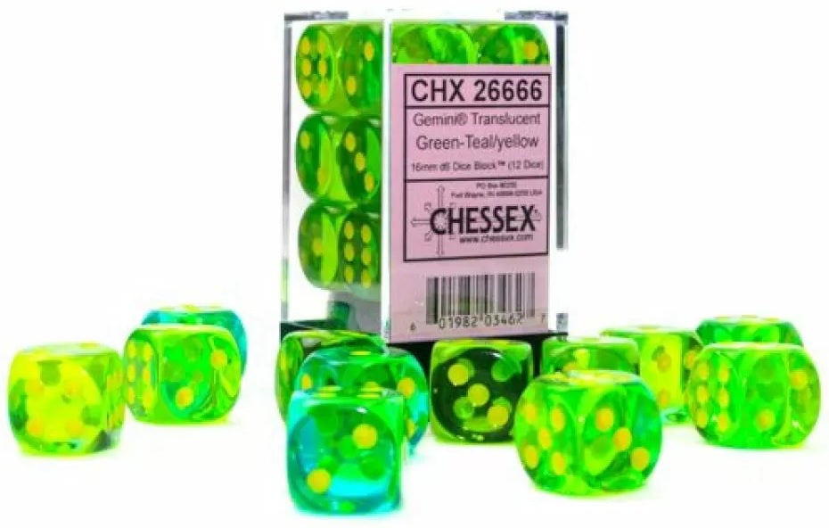 Chessex D6 Translucent Gemini 16mm Green-Teal/Yellow (CHX 26666)