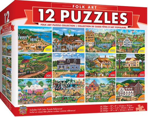 Masterpieces Puzzle 12 Pack Folk Art 12 Pack Bundle Puzzles (100 x4, 300 x4 & 500 x4) Jigsaw Puzzl
