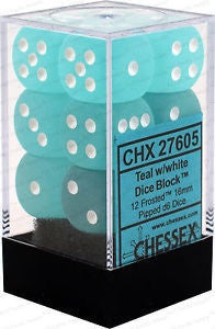 D6 Dice Frosted 16mm Teal/White (12 Dice in Display) CHX27605