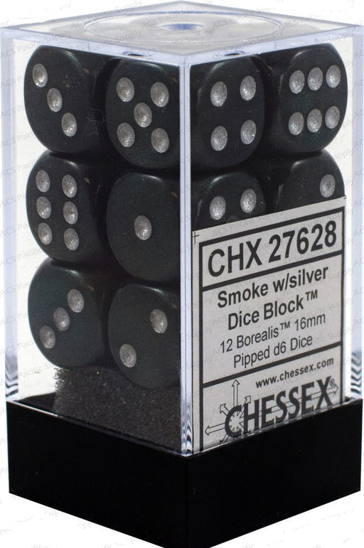 D6 Dice Borealis 16mm Smoke/Silver (12 Dice in Display) CHX27628