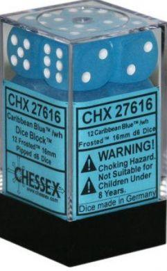 Dice Frosted 16mm D6 Caribbean Blue/White (12) CHX27616