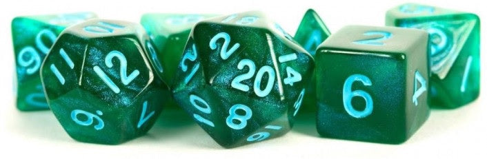 MDG Polyhedral Acrylic Dice Set 16mm with Blue Numbers- Stardust Green