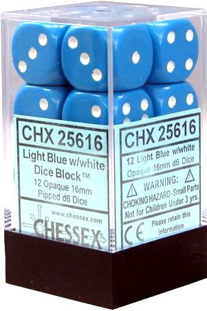 Dice Opaque 16mm d6 Light Blue/White Dice Block (12) CHX25616