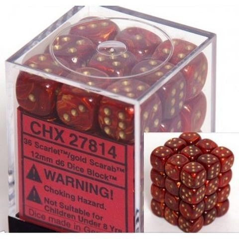 D6 Dice Scarab 12mm Scarlet/Gold (36 Dice in Display)  CHX27814